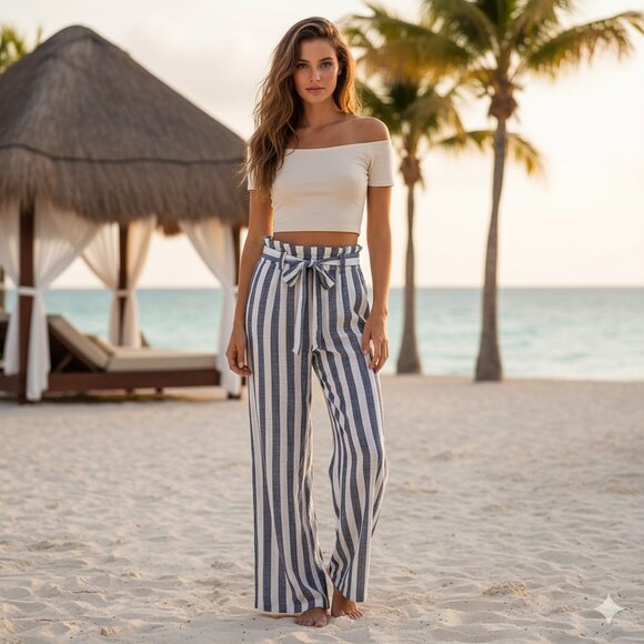 Indero striped Beachy Boho linen blend pants size Small - Picture 1 of 9